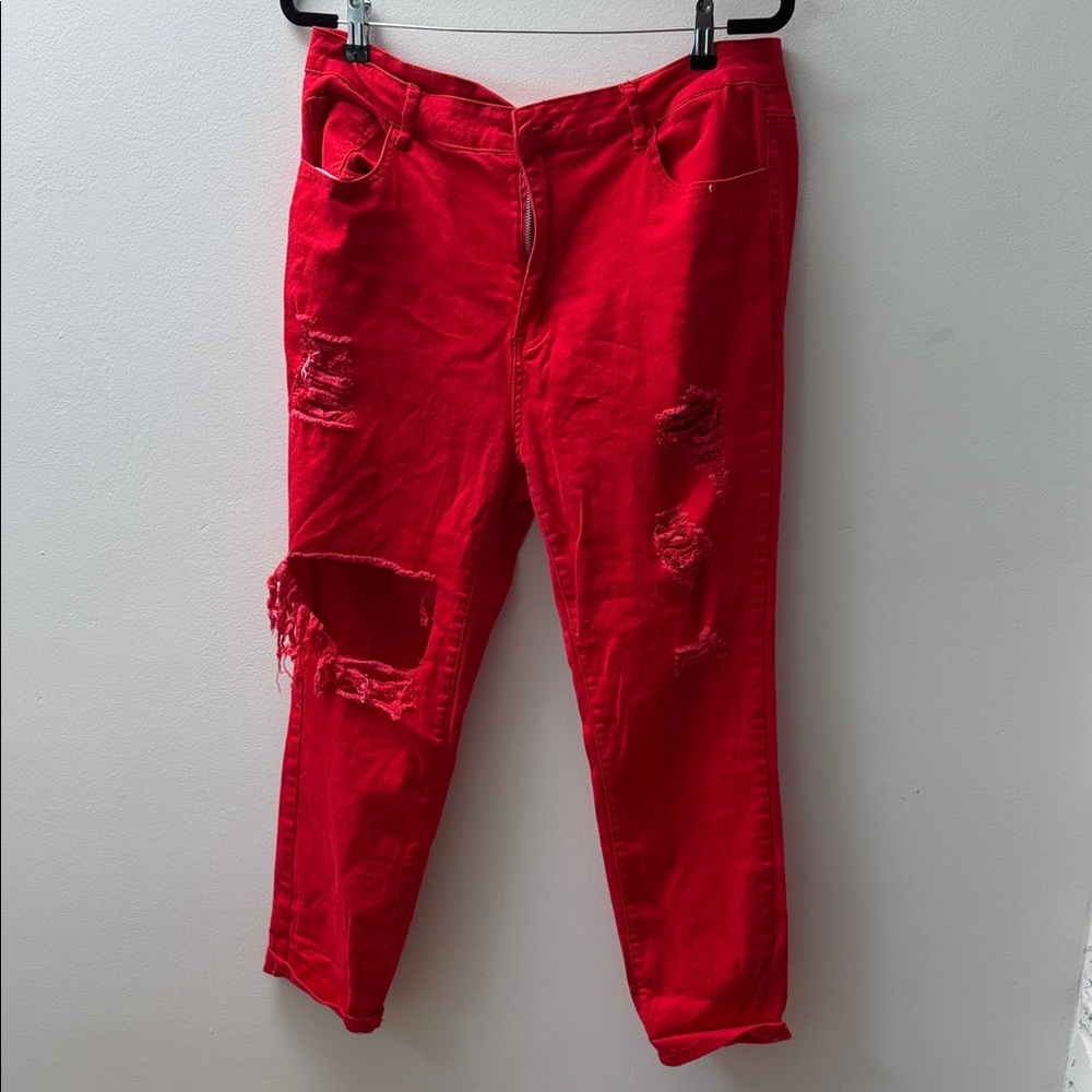 Stylish Red Distressed Women's Jeans